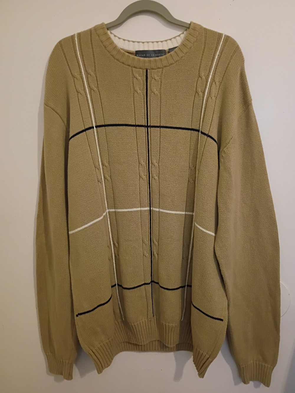VTG Oscar de la Renta Tan Crewneck Sweater with Black & White Grid Sz XXL